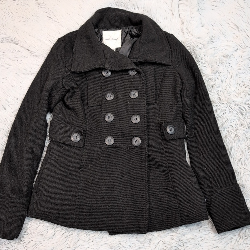 Wet Seal Jacket Womens S Black Pea Coat Wool Blend Career Preppy Button Up